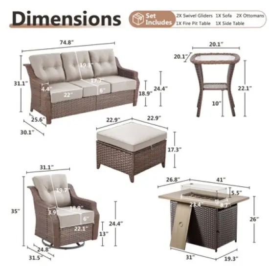 POCASSY 7 Piece 6 inch Thick Upholstered Cushion Patio Furniture Set with Fire Pit Table, All Weather Brown Wicker Outdoor Conversation Set for Deck image {14}