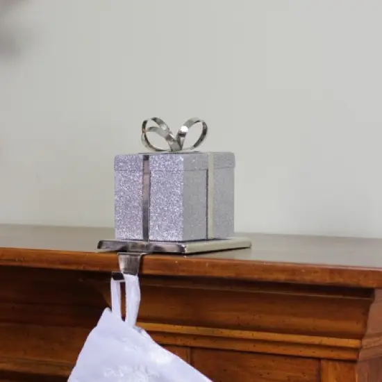 Northlight 5.5" Silver Glitter Gift Box with Bow Christmas Metal Stocking Holder image {4}