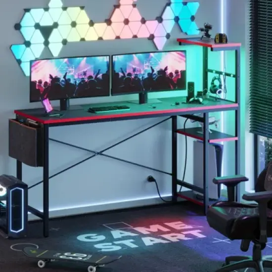 Bestier 61" Reversible Gaming Computer Desk with Power Outlet LED Desk with 4 Tier Shelves image {8}