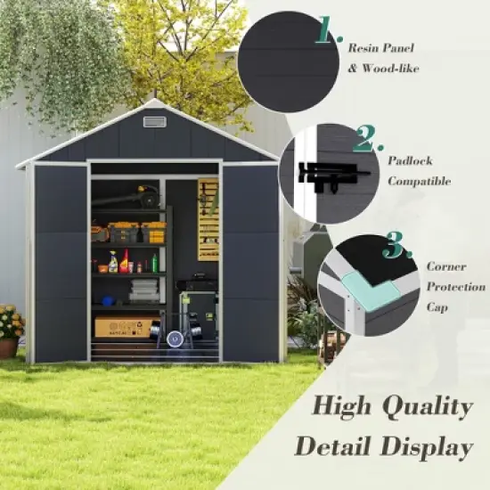8*8ft resin storage shed, high quality pp material, strong structure, waterproof, rust and UV proof, large storage space,12mm thick pp board,Dark gray image {1}
