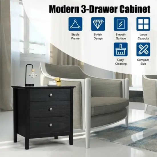 Costway Nightstand Beside End Side Table Accent Table Organizer W/3 Drawers Black image {6}