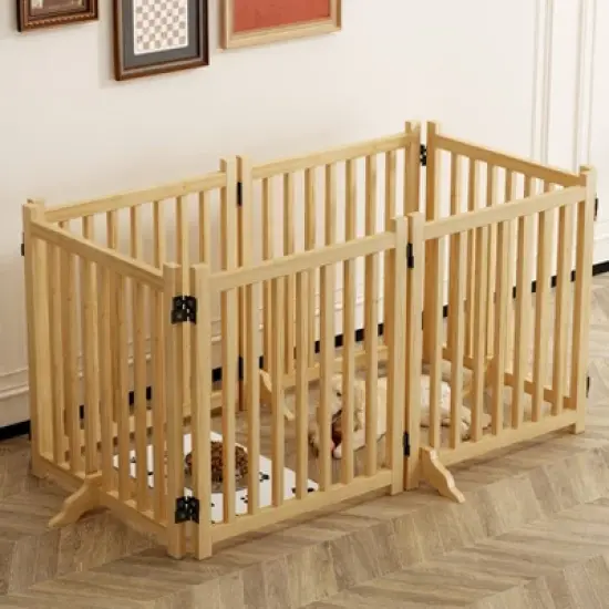 Hrinhom 6 Panel Dog Fences,Wooden Freestanding Dog Gates, Pet Gate image {1}