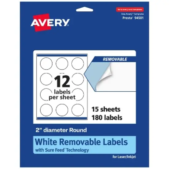 Avery Matte White Removable Round Labels with Sure Feed Technology, Print-to-the-Edge, 2" diameter image {8}