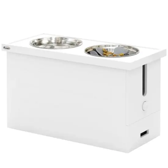 PawHut Elevated Dog Bowls, Pet Feeding Station with Slow Feeder Mat, Storage Cabinet, 3 Stainless Steel Bowls for Large & Extra Large Dogs, White image {6}