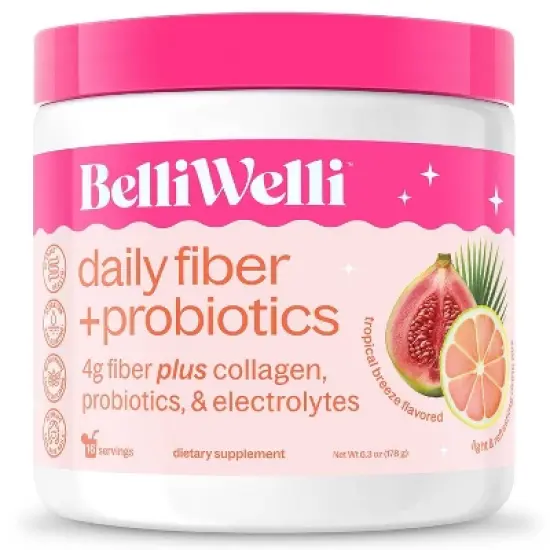BelliWelli Daily Fiber Supplement + Probiotics, Electrolytes, Collagen, Powder - Tropical Breeze - 16 servings image {3}