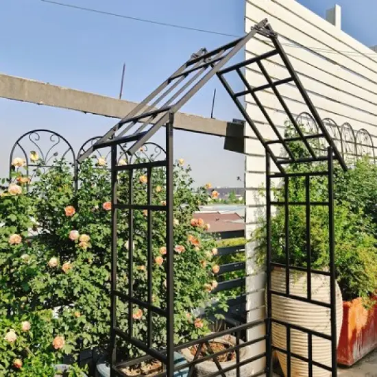 Chery Life Metal Garden Arch with Gate with planter, Climbing Plants Support Rose Arch Outdoor Black image {6}