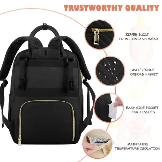 Itopfox Large Capacity Diaper Backpack for Travel with Changing Pad, Stroller Straps & Pacifier Case, Black image {3}