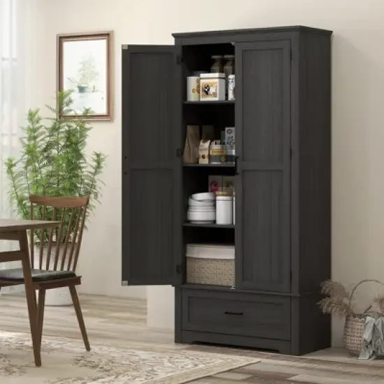 Gulches Farmhouse 68.9"H Tall Kitchen Pantry Cabinet - Freestanding, 2 Doors, Drawer, Adjustable Shelves, Black, 31.5"W x15.75"D image {2}