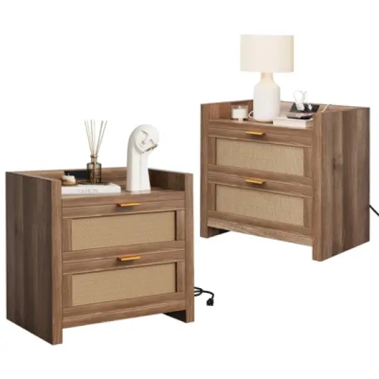 Night Stand Set of 2 Rattan Nightstands with Charging Station 23.6" Wide Boho Bedside Tables with 2 Drawers Modern Larger Nightstands, Brown image {8}