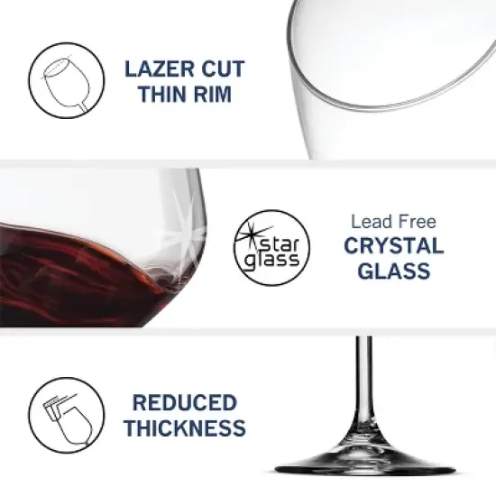 Bormioli Rocco 18oz Red Wineglasses, Crystal Clear Star Glass, Laser Cut Rim, Elegant Party Drinking Glassware, Restaurant Quality, Set of 8 image {2}