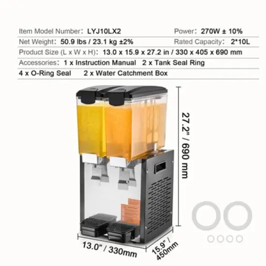 VEVOR Commercial Beverage Dispenser, 2 Tanks 10 L / 10.6 QT Per Tank Juice Dispenser, 270W Stainless Steel Ice Tea Drink Machine image {7}