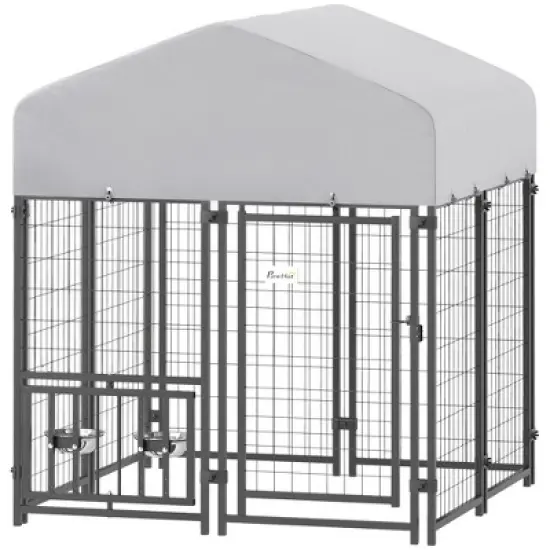 PawHut Outdoor Dog Kennel, Welded Wire Dog Run with 360&deg; Rotating & 4 Levels Adjustable Bowls, Waterproof & UV Resistant Cover, 3.9' x 3.9' x 4.5' image {3}