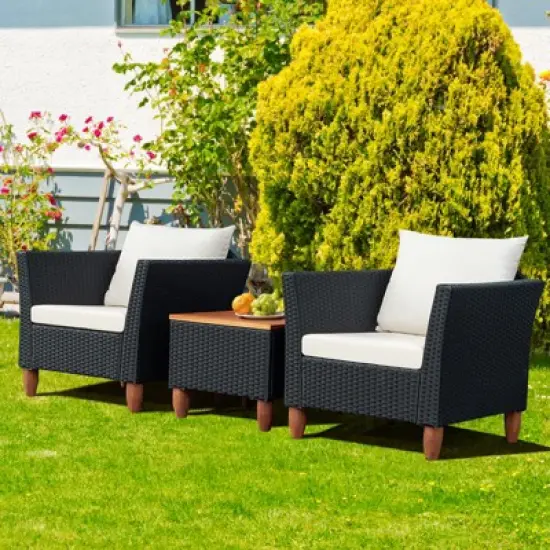 Tangkula 3-Piece Wicker Patio Furniture Set Outdoor Conversation Set w/ Cushions & Coffee Table image {3}