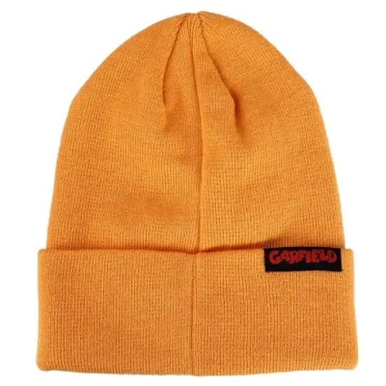 Garfield Face Character Cuffed Flat Embroidery Logo on Orange Acrylic Knitted Woven Beanie image {1}