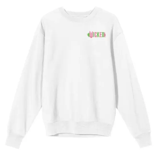 Wicked Part One Elphaba & Glinda Green & Pink Graphic Women's White Crew Neck Long Sleeve Sweatshirt image {2}