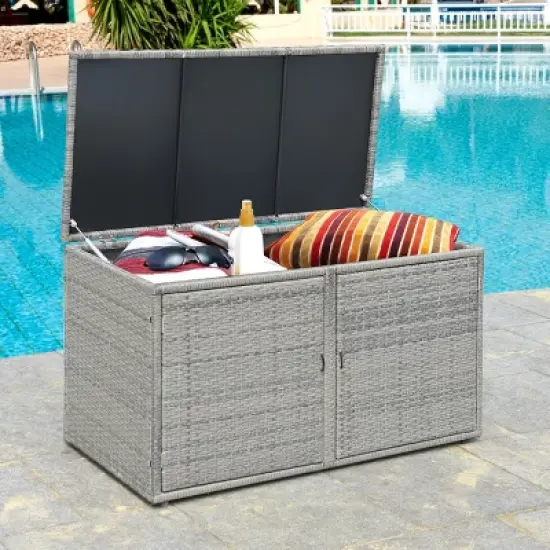 Tangkula Outdoor Rattan Storage Box Patio Wicker Storage Bin Cabinet 88 Gallon Gray image {1}