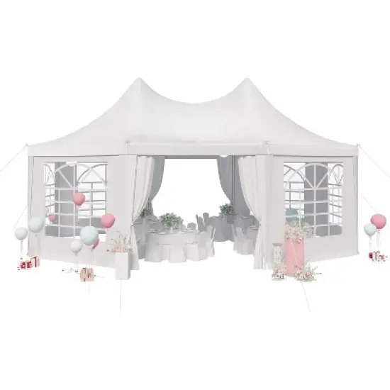 Erommy Party Tent, White Wedding Tent, Octagonal Heavy Duty Canopy with 6 Removable Sidewalls, 6 Church Windows and 2 Pull-Back Doors image {1}