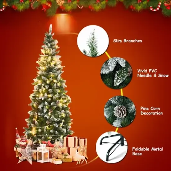 Costway 7.5ft Snow Flocked Pencil Christmas Tree Hinged Pine Cones image {7}