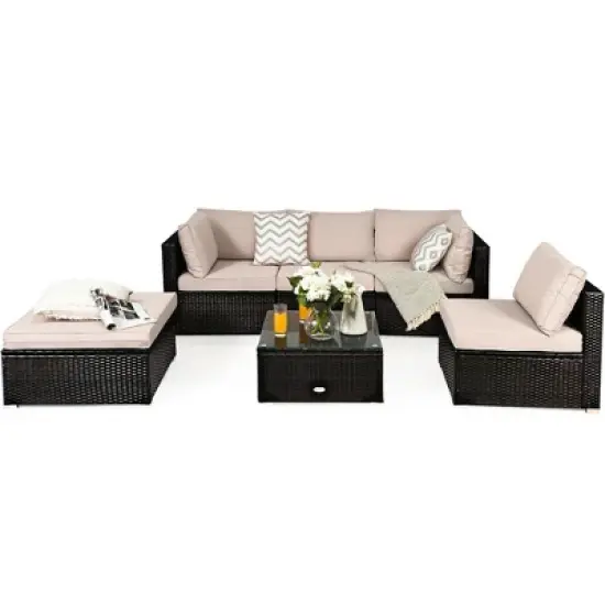Costway 6PCS Outdoor Rattan Furniture Set Patio Seating Set Cushioned Ottoman image {1}