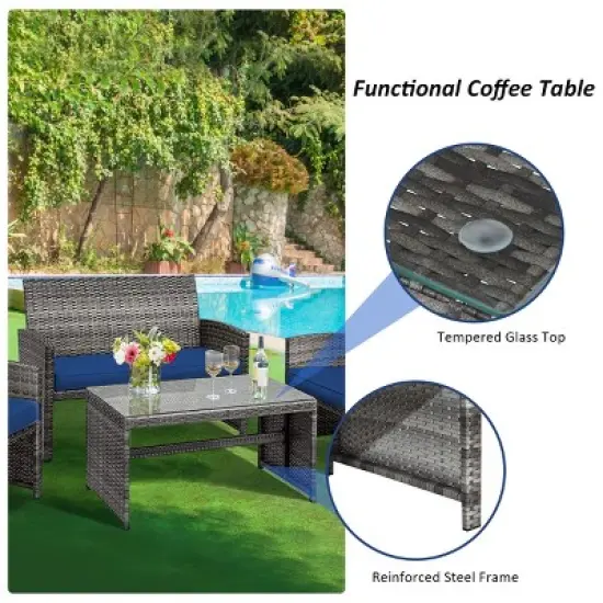 Tangkula 4-Piece Outdoor Patio Furniture Set Rattan Wicker Conversation Sofa Set Navy image {3}
