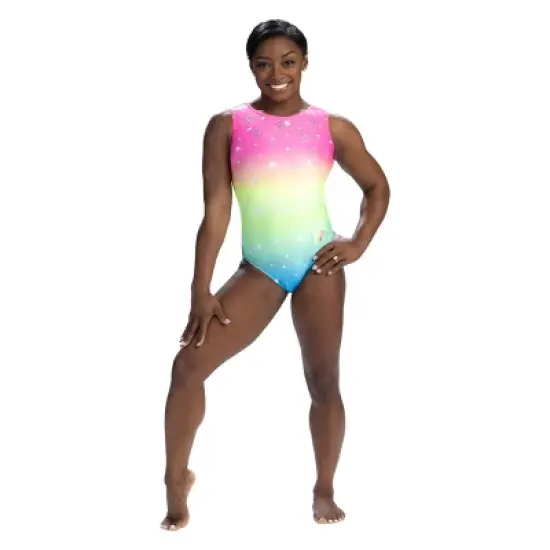 GK Elite Girls' Simone Biles Gradient Sparkle Leotard Pink/Green/Blue image {2}