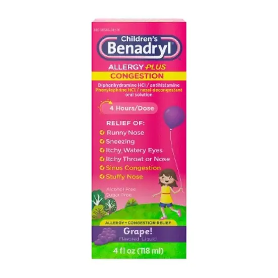 Children's Benadryl Diphenhydramine Allergy Plus Congestion Relief Liquid - Grape - 4 fl oz image {1}