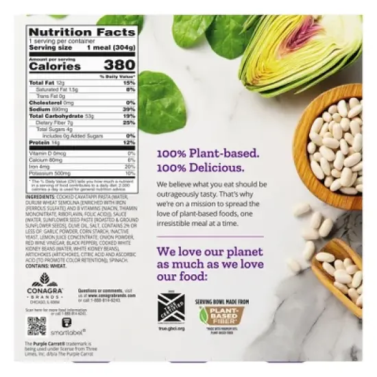 Purple Carrot Vegan Frozen Plant-Based Spinach Artichoke Cavatappi Bowl - 10.75oz image {5}