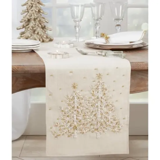 Saro Lifestyle Embroidered Christmas Tree Runner, Natural, 14" x 72" image {2}