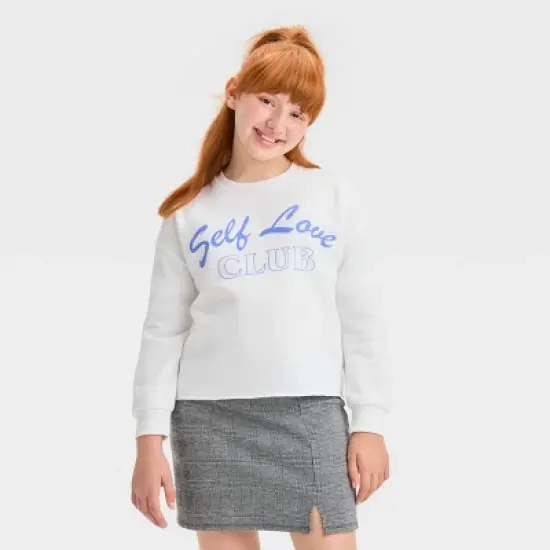 Girls' Cropped 'Self Love Club' Sweatshirt - art class&trade; White image {3}