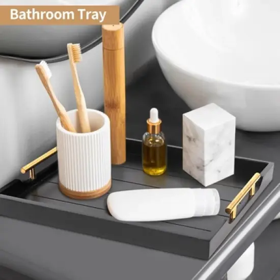 Attop Coffee Table Tray Set - Large Ottoman Tray with Handles Wood Serving Tray (2 Sets) with 4 Round Coasters Black image {4}