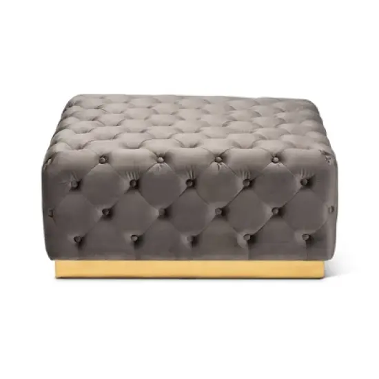 Verene Velvet Upholstered Square Cocktail Ottoman Gray/Gold - Baxton Studio image {1}