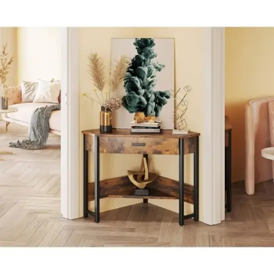 ODK Modern Triangle Corner Fit Computer Workstation with Large Drawer and Bottom Display Shelf for Apartments, Studios, and Office image {4}