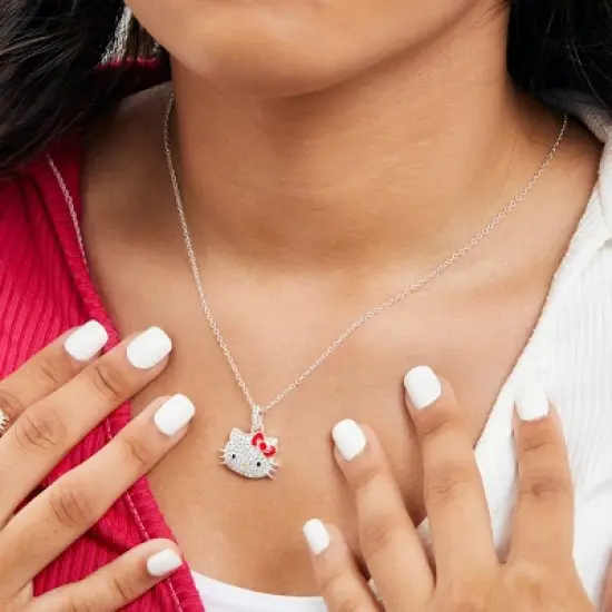 Hello Kitty Womens Silver Plated Clear Crystal Hello Kitty Pendant, 18'' image {1}