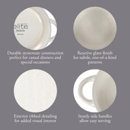 Gibson Elite Oyster Tide Embossed 6 Inch Soup Bowls with Handles. Reactive Glaze Stackable Ceramic Bowl, Set of 4, White image {3}