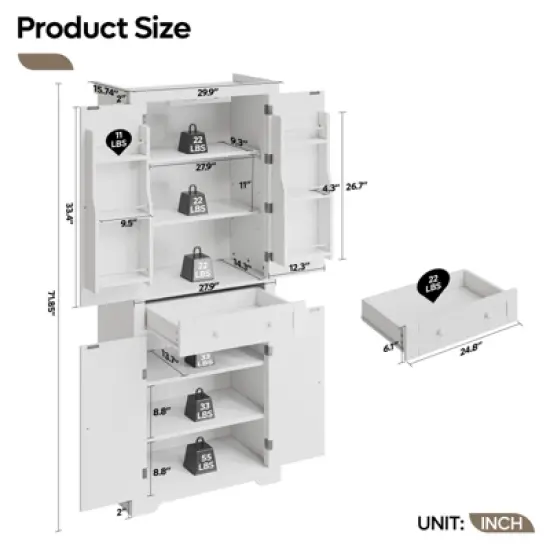 Bestier 72" Tall Kitchen Pantry Storage Cabinet with Doors and Shelves, Food Pantry Cabinet with Motion Sensor Light, White image {3}