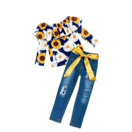 Girls My Lucky Flower Patched Jeans Set - Mia Belle Girls image {2}