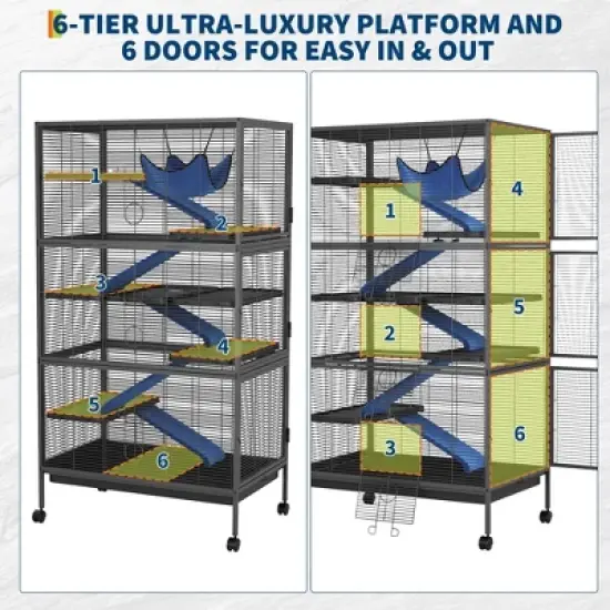 59" 6-Tier Small Animal Cage - Rolling Critter Nation Habitat for Ferrets/Chinchillas/Rabbits w/Ramps & Platforms, Black image {1}