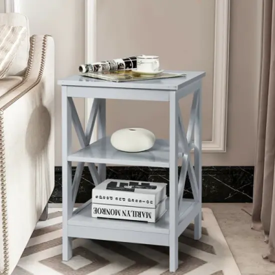 Costway 3-Tier Nightstand End Table X Design Storage Display Shelf Living Room Grey image {2}
