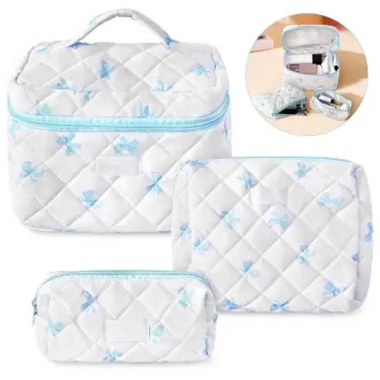 Large Quilted Makeup Bag Set, Cosmetic Bag for Women Girls, Cute Cotton Bow Pattern Travel Toiletry Organizer Bag 3 Set image {6}