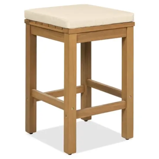 5 Piece Outdoor Bar Set, Patio Acacia Wood Dining Set with Bar Height Table & 4 Stools for Backyard, Poolside, Balcony, Beige - ModernLuxe image {11}