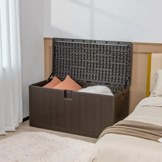 Costway 105 Gallon Outdoor Resin Deck Box All Weather Lockable Storage Container Brown image {2}