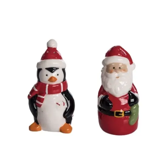 Transpac Ceramic Santa and Penguin Salt and Pepper Shaker Set Christmas Tabletop Decor Multicolor Hand Wash Gift image {1}