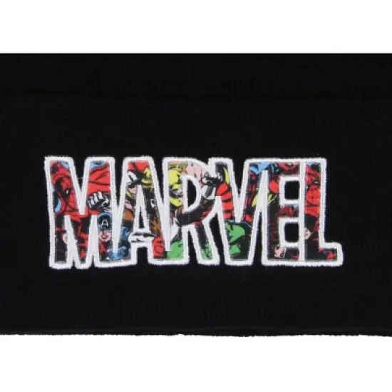 Marvel Comic Logo Beanie Embroidered Vintage Design Cuff Knit Beanie Hat Cap Black image {1}