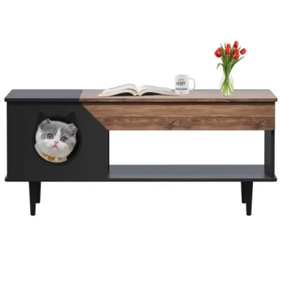 45'' Coffee Table Hidden Cat Litter Box Enclosure Kitty Litter Box Furniture with Storage Drawer and Metal Legs, Cat House for Living Room image {3}