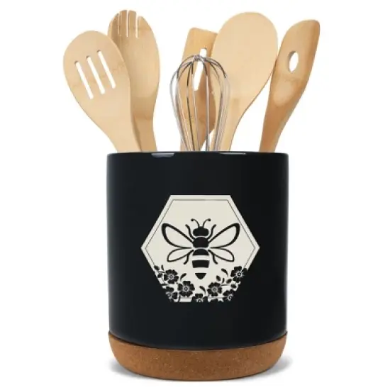 Elanze Designs Bee Honeycomb Flowers Arrangement Hive Ceramic Cork Bottom Black Large Capacity Utensil Holder Crock for Countertop Storage, Stylish & image {4}