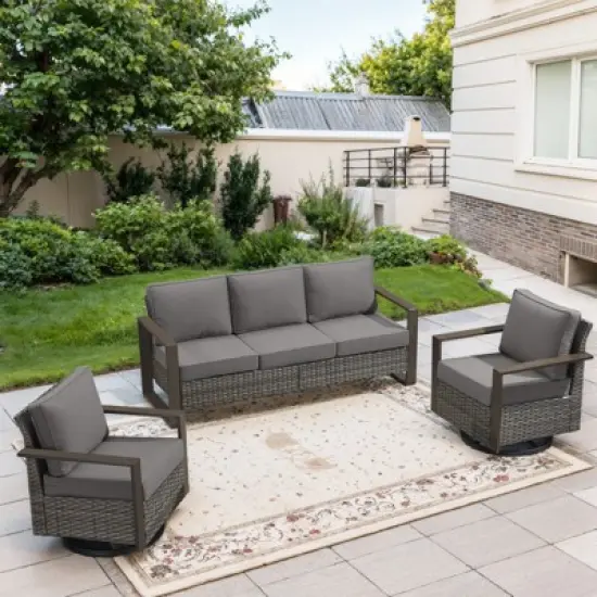 POCASSY 3 Pieces Patio Furniture Set with 3-Seater Sofa and 2 Swivel Glider Rocking Chairs, All Weather Wicker Outdoor Conversation Set with Metal Arm image {11}