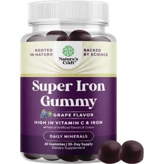 Super Iron Gummy, Chewable Iron Supplement for Women and Men with Vitamin C for Higher Absorption, Grape Flavor, Nature's Craft, 60ct image {8}
