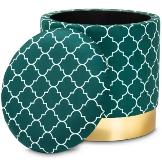 Serra Quatrefoil Velvet Upholstered Metal Storage Ottoman - Baxton Studio image {1}