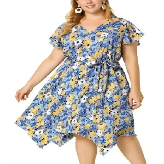 Agnes Orinda Women's Plus Size Floral Belted Ruffled Asymmetrical Hem Midi Dress image {1}