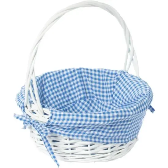Traditional White Round Willow Gift Basket with Gingham Liner and Sturdy Foldable Handles, Food Snacks Storage Basket image {7}